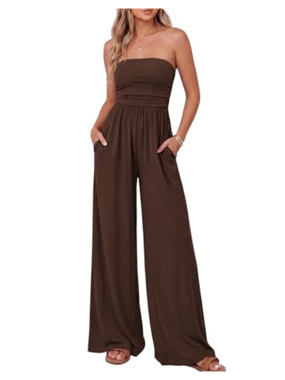 Strapless Wide Leg Jumpsuit Ruched Casual Summer Resort Wear